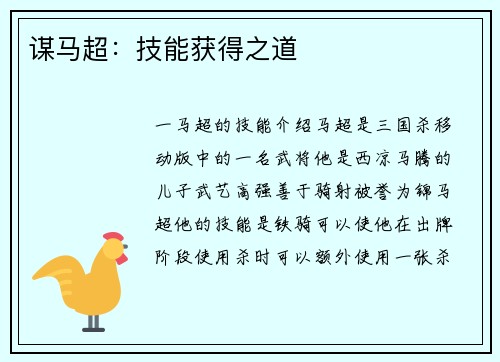 谋马超：技能获得之道